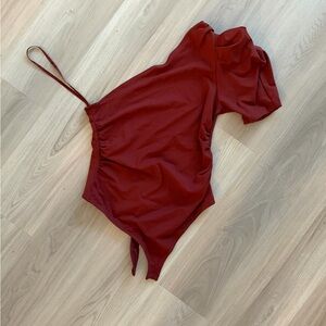 Free People Somethin’ Bout You Rust Red One-Shoulder Bodysuit